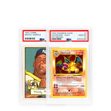 PSA-graded Mickey Mantle and Charizard cards, illustrative slabs
